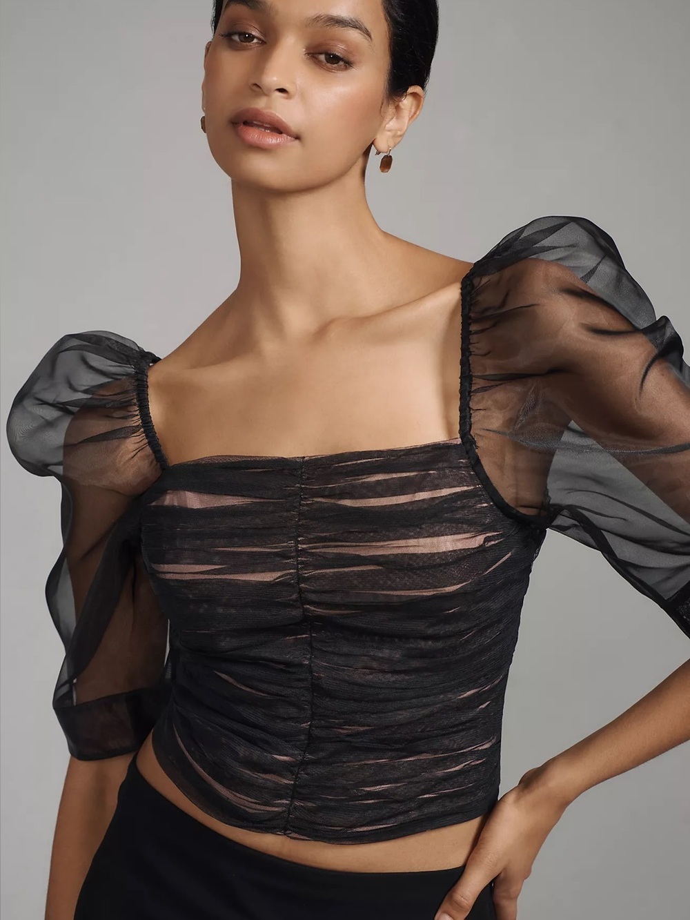 Anthropologie $128 Maeve Puff-Sleeve Embellished Sheer Tulle Blouse Event Top